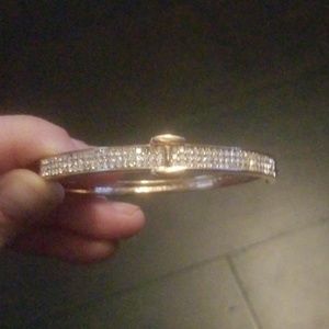 Rose gold crystal hinged bangle bracelet w closure